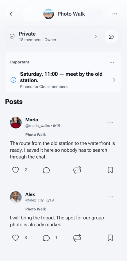 Lets Circle with members, chat, a pinned meetup, and a saved route