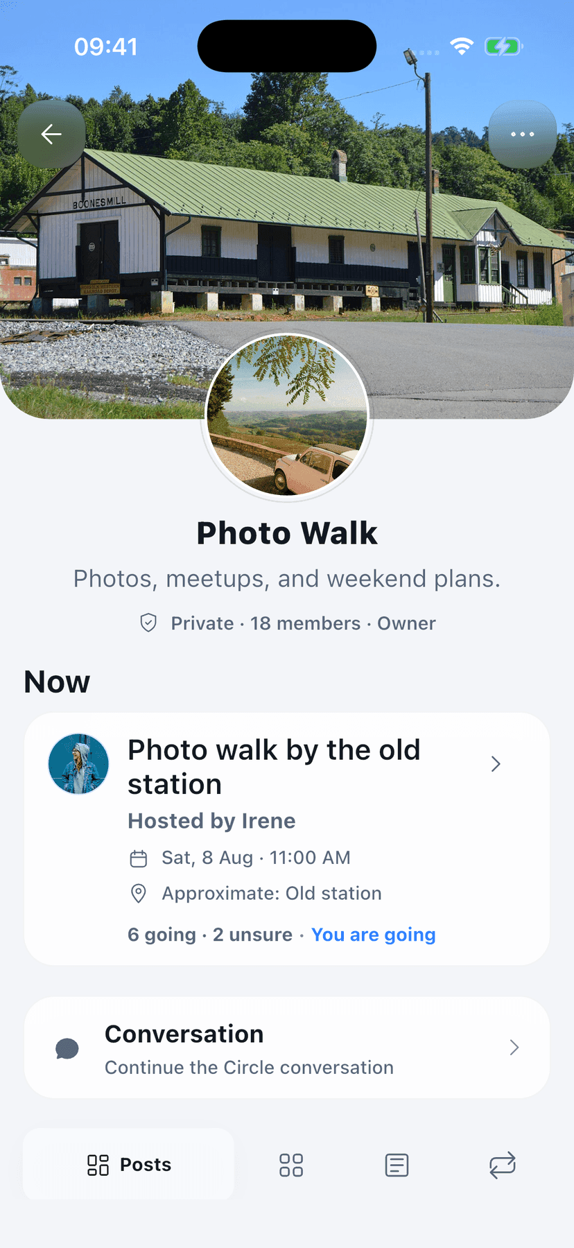 Lets Circle with members, chat, a pinned meetup, and a saved route