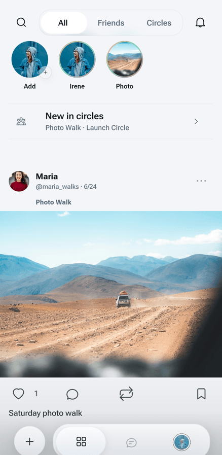 Lets feed with Stories, Circle updates, and posts from friends